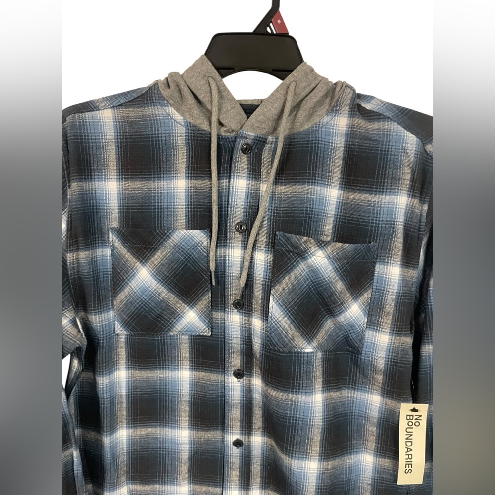 No Boundaries Hooded Flannel Shirt Blue‎ Plaid Oversized Cotton Mens Small NWT - Picture 8 of 10
